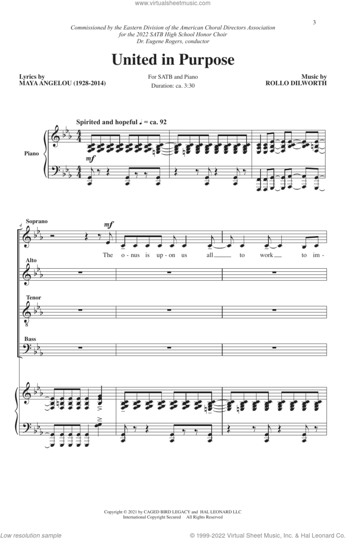 United In Purpose sheet music for choir (SATB: soprano, alto, tenor, bass) by Rollo Dilworth and Maya Angelou and Rollo Dilworth and Maya Angelou, intermediate skill level