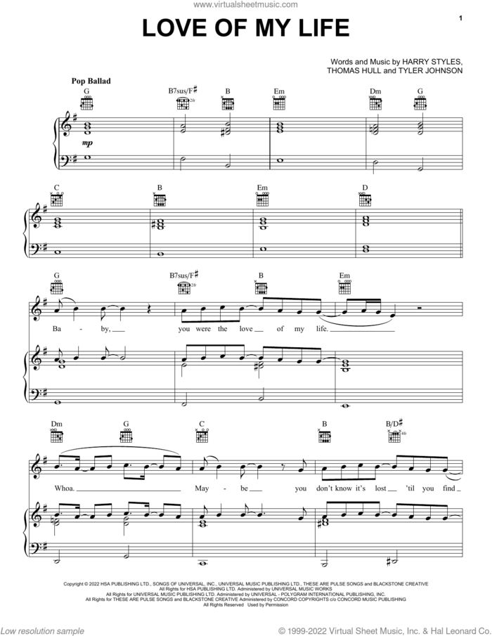 Love Of My Life sheet music for voice, piano or guitar by Harry Styles, Tom Hull and Tyler Johnson, intermediate skill level