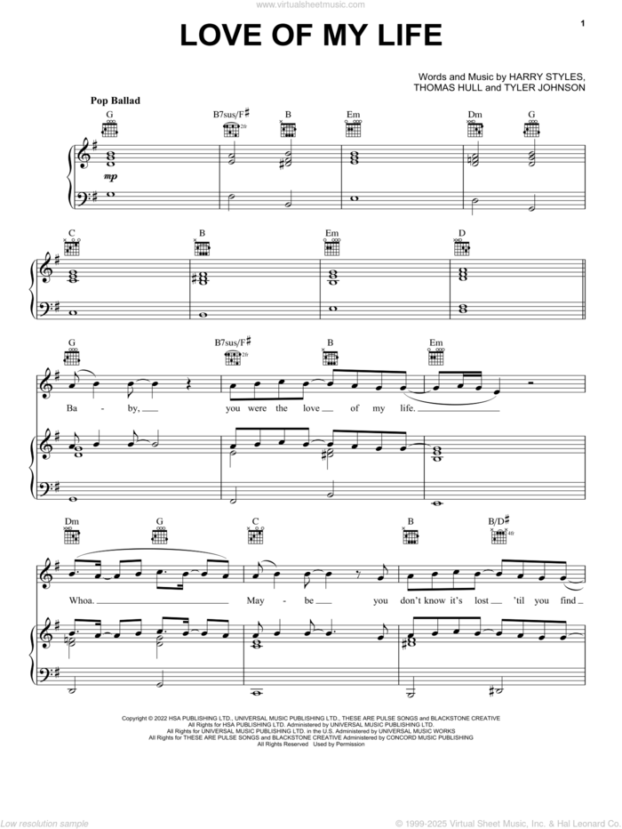 Love Of My Life sheet music for voice, piano or guitar by Harry Styles, Tom Hull and Tyler Johnson, intermediate skill level