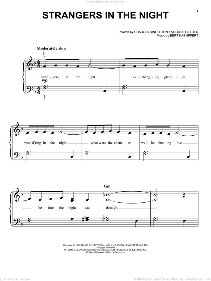 Strangers In The Night, (beginner) sheet music for piano solo by Frank Sinatra, Bert Kaempfert, Charles Singleton and Eddie Snyder, beginner skill level