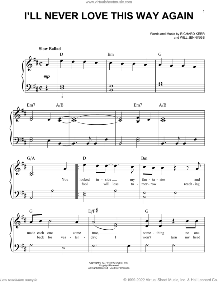 I'll Never Love This Way Again sheet music for piano solo by Dionne Warwick, Richard Kerr and Will Jennings, beginner skill level
