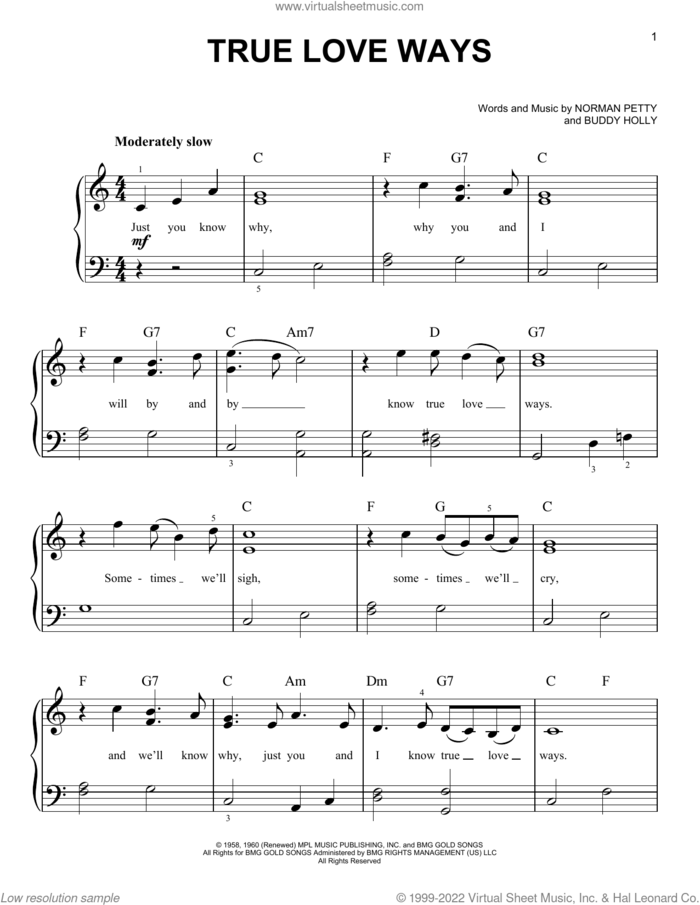 True Love Ways sheet music for piano solo by Buddy Holly and Norman Petty, beginner skill level