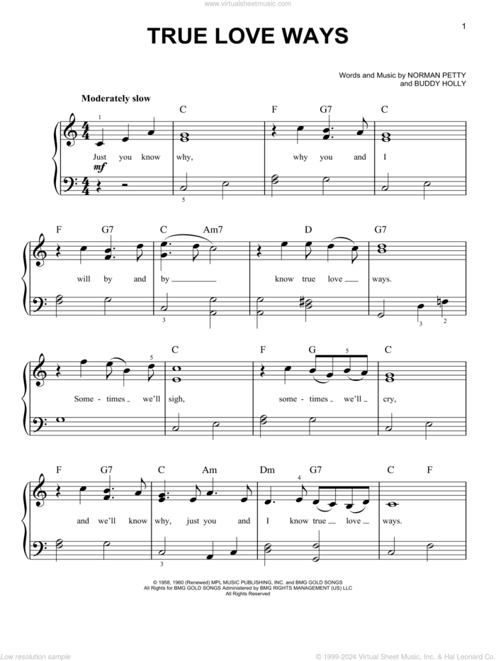 True Love Ways sheet music for piano solo by Buddy Holly and Norman Petty, beginner skill level