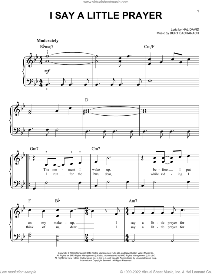 I Say A Little Prayer, (beginner) sheet music for piano solo by Dionne Warwick, Burt Bacharach and Hal David, beginner skill level