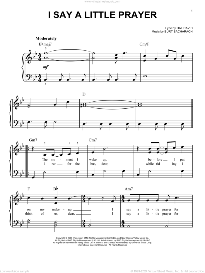 I Say A Little Prayer, (beginner) sheet music for piano solo by Dionne Warwick, Burt Bacharach and Hal David, beginner skill level