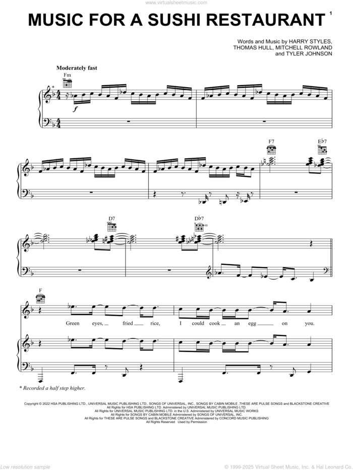 Music For A Sushi Restaurant sheet music for voice, piano or guitar by Harry Styles, Mitchell Rowland, Tom Hull and Tyler Johnson, intermediate skill level