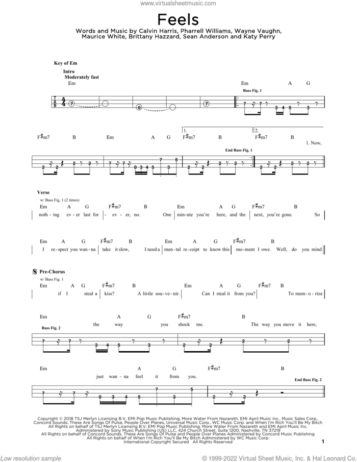 Feels (feat. Pharrell Williams, Katy Perry and Big Sean) sheet music for bass solo by Calvin Harris, Brittany Hazzard, Katy Perry, Maurice White, Pharrell Williams, Sean Anderson and Wayne Vaughn, intermediate skill level