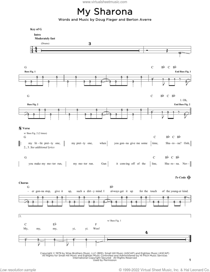 My Sharona sheet music for bass solo by The Knack, Berton Averre and Doug Fieger, intermediate skill level