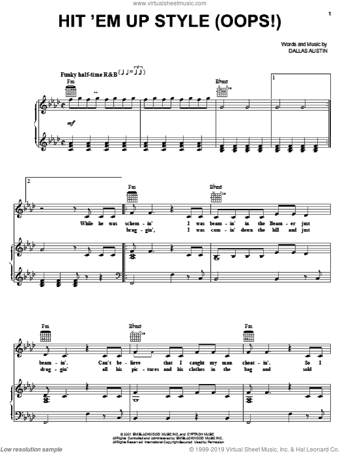 Hit 'Em Up Style (Oops!) sheet music for voice, piano or guitar by Blu Cantrell and Dallas Austin, intermediate skill level