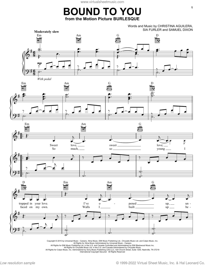 Bound To You (from Burlesque) sheet music for voice and piano by Christina Aguilera, Samuel Dixon and Sia Furler, intermediate skill level
