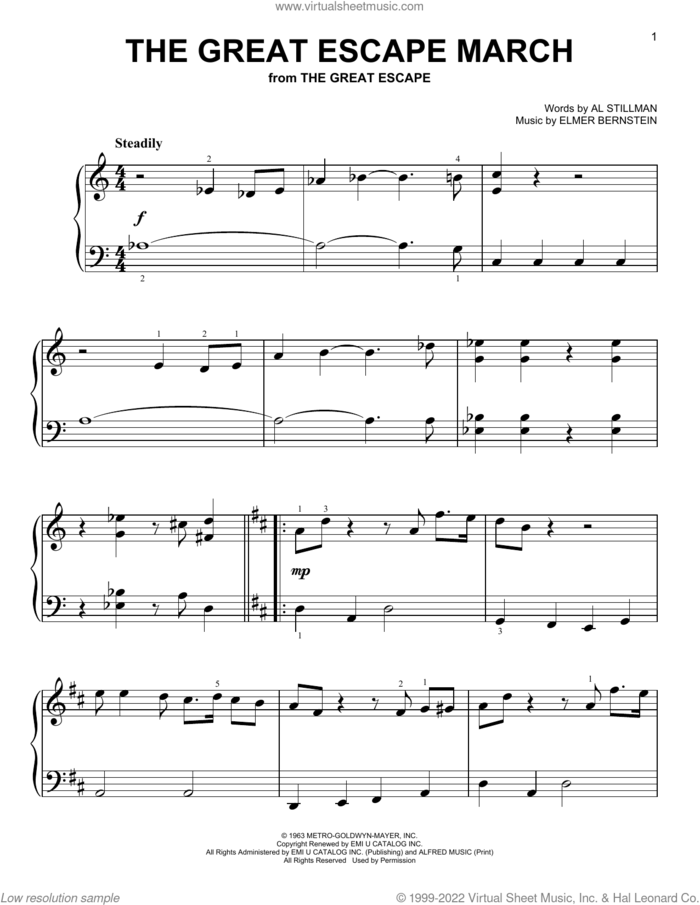 The Great Escape March (from The Great Escape) sheet music for piano solo by Al Stillman and Elmer Bernstein, easy skill level