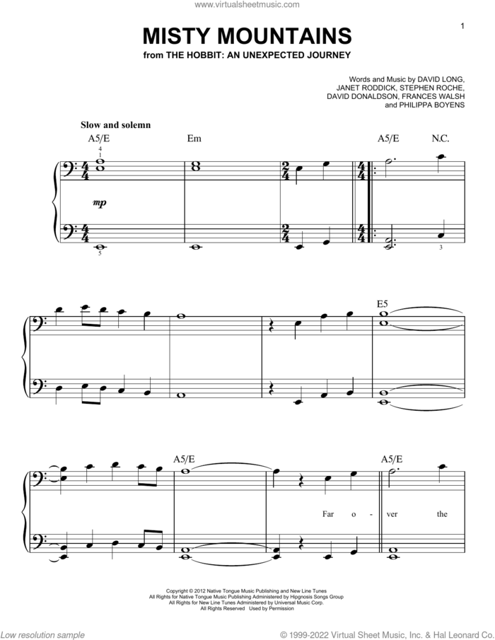 Misty Mountains (from The Hobbit: An Unexpected Journey) sheet music for piano solo by Frances Walsh, David Donaldson, David Long, Janet Roddick, Philippa Boyens and Stephen Roche, easy skill level