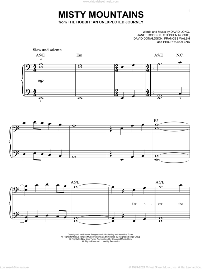 Misty Mountains (from The Hobbit: An Unexpected Journey) sheet music for piano solo by Frances Walsh, David Donaldson, David Long, Janet Roddick, Philippa Boyens and Stephen Roche, easy skill level