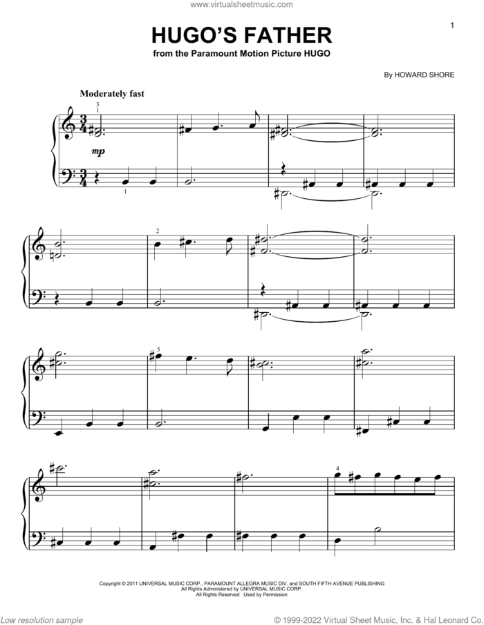 Hugo's Father (from Hugo) sheet music for piano solo by Howard Shore, easy skill level