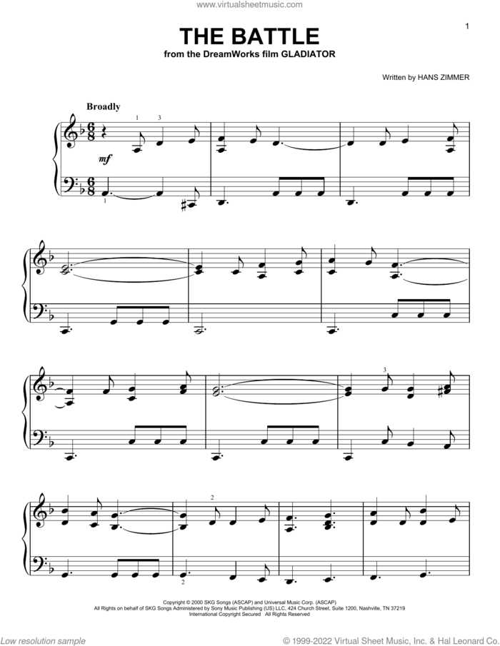 The Battle (from Gladiator) sheet music for piano solo by Hans Zimmer, easy skill level