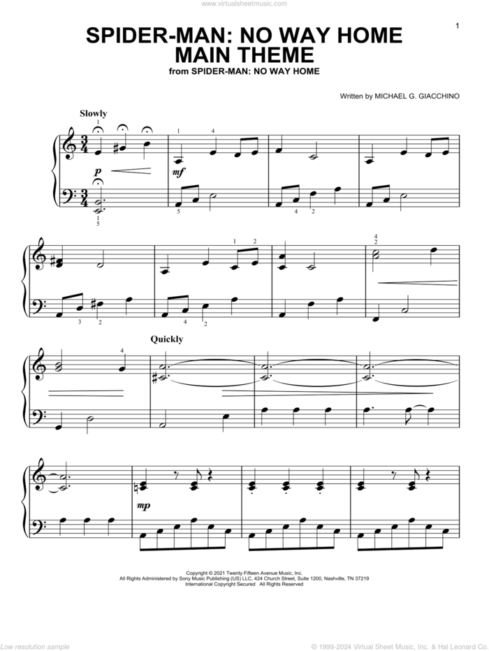 Spider-Man: No Way Home (Main Theme) sheet music for piano solo by Michael G. Giacchino, easy skill level