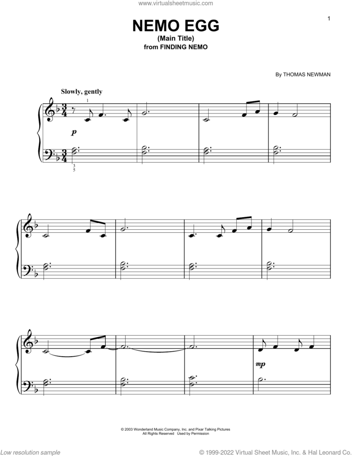 Nemo Egg (Main Title) (from Finding Nemo) sheet music for piano solo by Thomas Newman, easy skill level