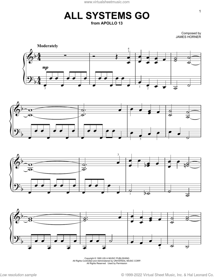 All Systems Go (from Apollo 13) sheet music for piano solo by James Horner, easy skill level