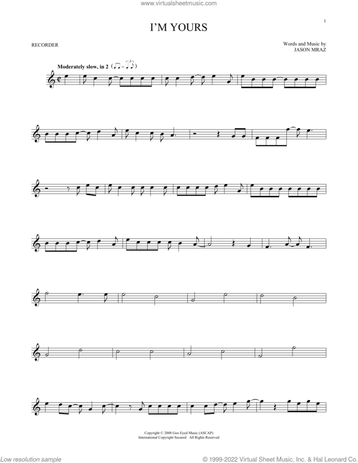 I'm Yours sheet music for recorder solo by Jason Mraz, wedding score, intermediate skill level