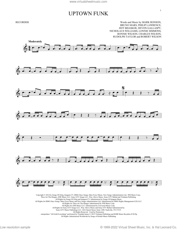 Uptown Funk (feat. Bruno Mars) sheet music for recorder solo by Mark Ronson, Bruno Mars, Charles Wilson, Devon Gallaspy, Jeff Bhasker, Lonnie Simmons, Nicholaus Williams, Philip Lawrence, Robert Wilson, Ronnie Wilson and Rudolph Taylor, intermediate skill level