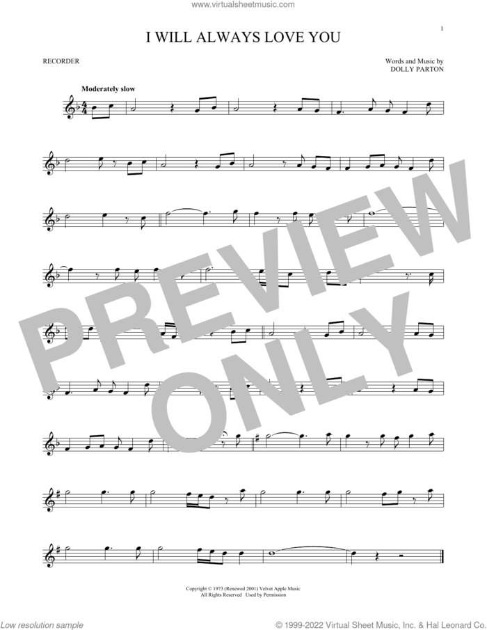 I Will Always Love You sheet music for recorder solo by Whitney Houston and Dolly Parton, intermediate skill level