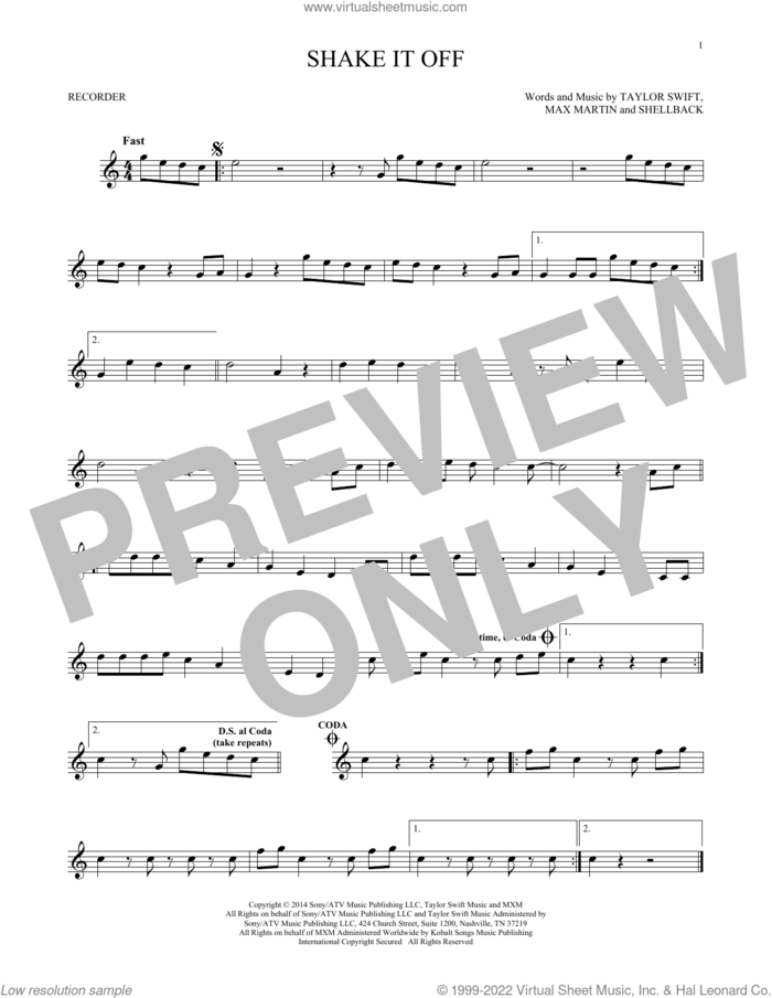 Shake It Off sheet music for recorder solo by Taylor Swift, Johan Schuster, Max Martin and Shellback, intermediate skill level