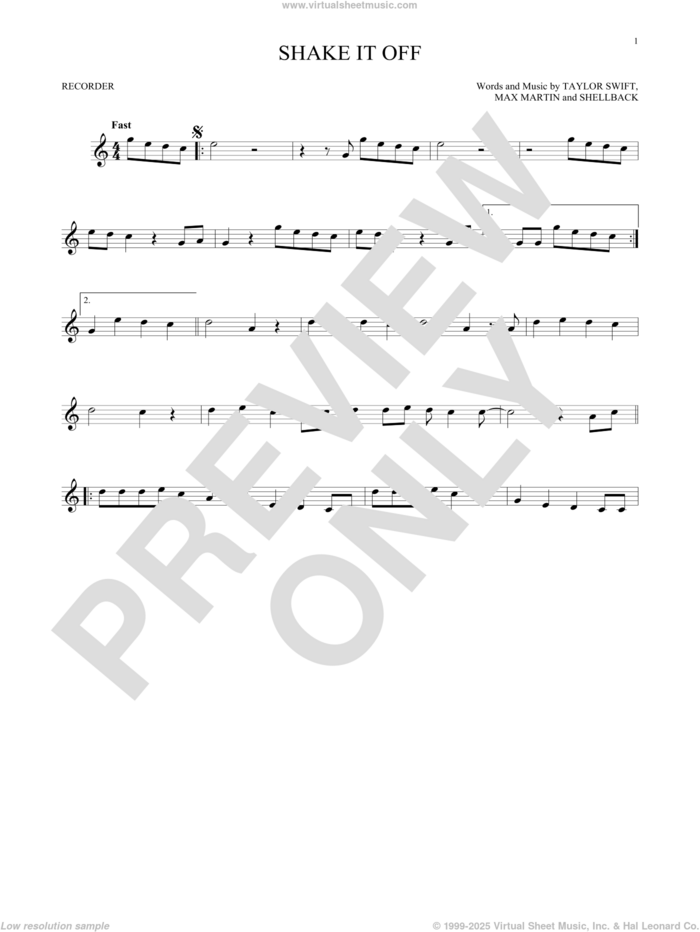 Shake It Off sheet music for recorder solo by Taylor Swift, Johan Schuster, Max Martin and Shellback, intermediate skill level