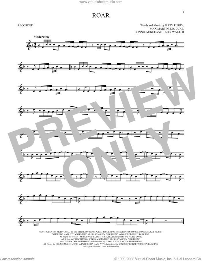Roar sheet music for recorder solo by Katy Perry, Bonnie McKee, Dr. Luke, Henry Walter, Lukasz Gottwald and Max Martin, intermediate skill level