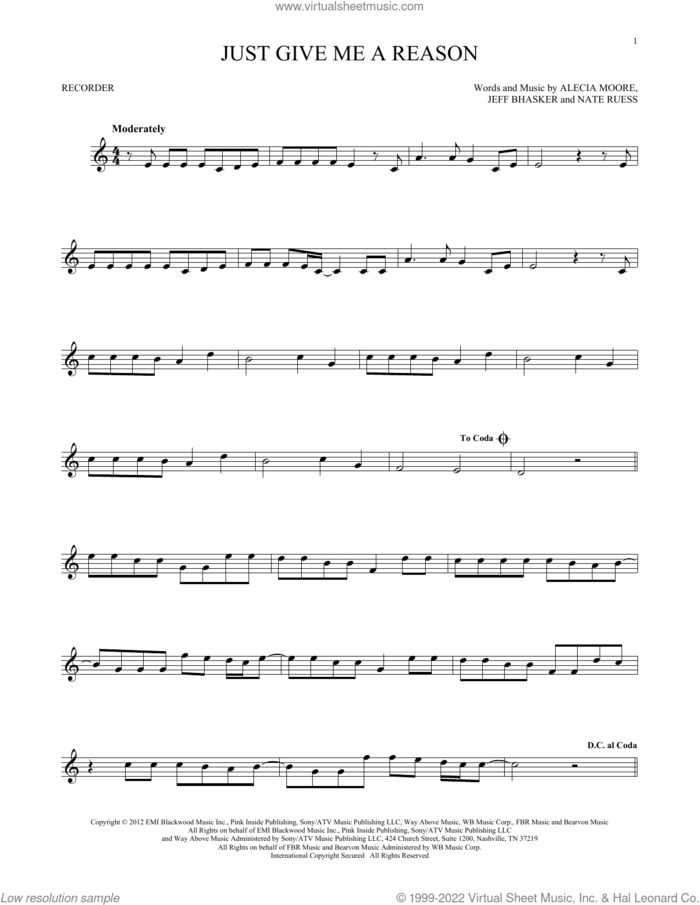 Just Give Me A Reason (feat. Nate Ruess) sheet music for recorder solo by Jeff Bhasker, Miscellaneous, Alecia Moore and Nate Ruess, intermediate skill level