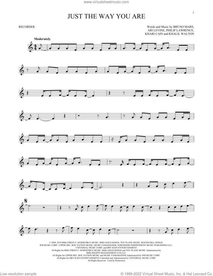 Just The Way You Are sheet music for recorder solo by Bruno Mars, Ari Levine, Khalil Walton, Khari Cain and Philip Lawrence, intermediate skill level
