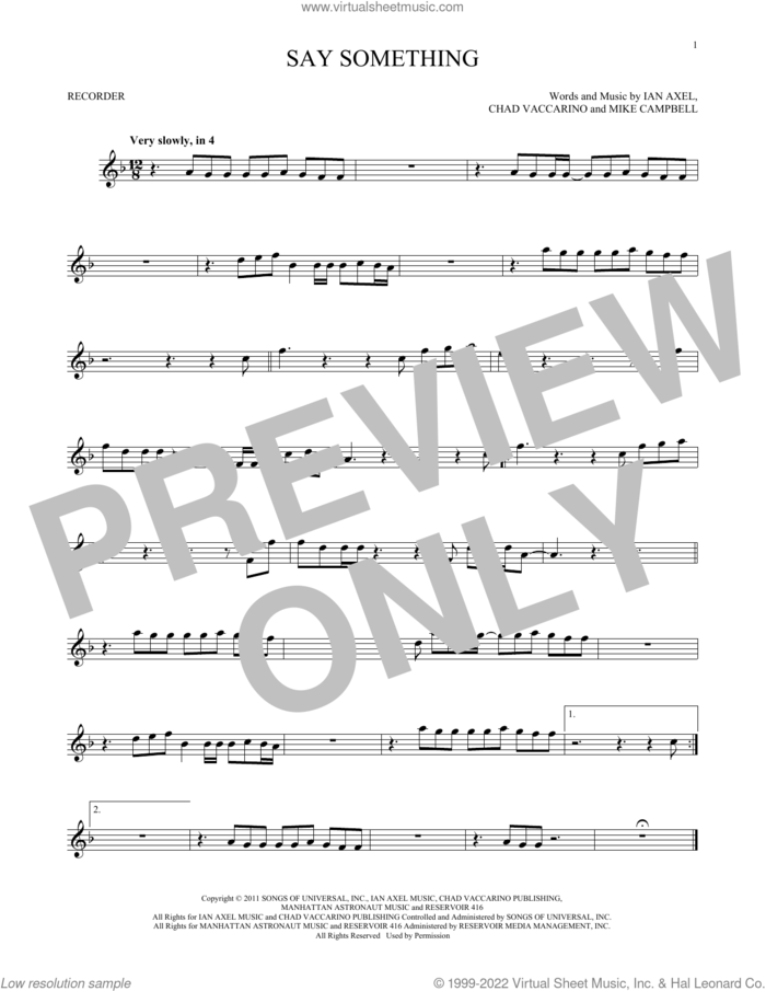 Say Something sheet music for recorder solo by A Great Big World, Chad Vaccarino, Ian Axel and Mike Campbell, intermediate skill level