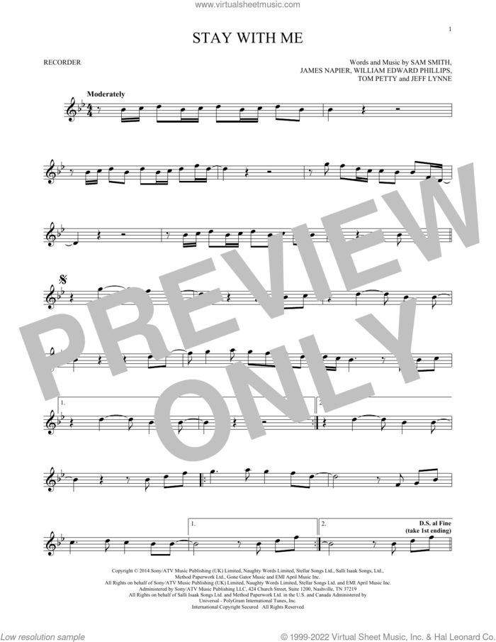 Stay With Me sheet music for recorder solo by Sam Smith, James Napier, Jeff Lynne, Tom Petty and William Edward Phillips, intermediate skill level