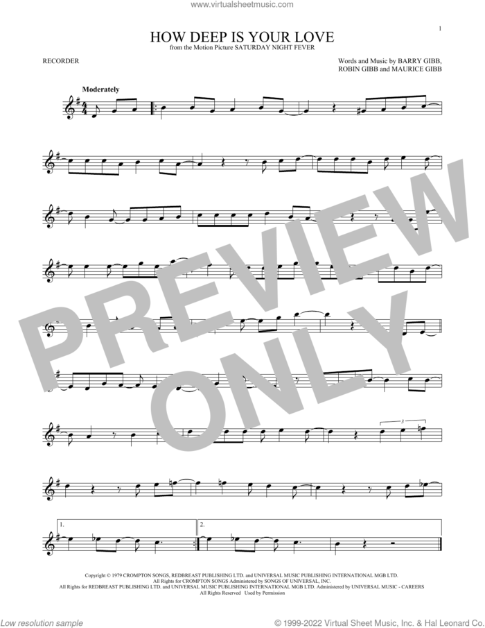 How Deep Is Your Love sheet music for recorder solo by Barry Gibb, Bee Gees, Maurice Gibb and Robin Gibb, intermediate skill level