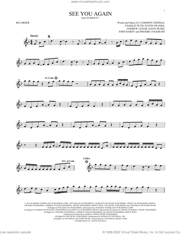 See You Again (feat. Charlie Puth) sheet music for recorder solo by Wiz Khalifa, Andrew Cedar, Cameron Thomaz, Charlie Puth and Justin Franks, intermediate skill level
