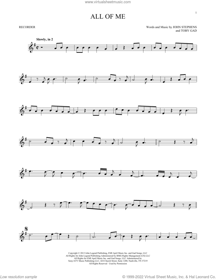 All Of Me sheet music for recorder solo by John Legend, John Stephens and Toby Gad, wedding score, intermediate skill level