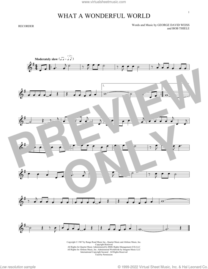 What A Wonderful World sheet music for recorder solo by Louis Armstrong, Bob Thiele and George David Weiss, intermediate skill level