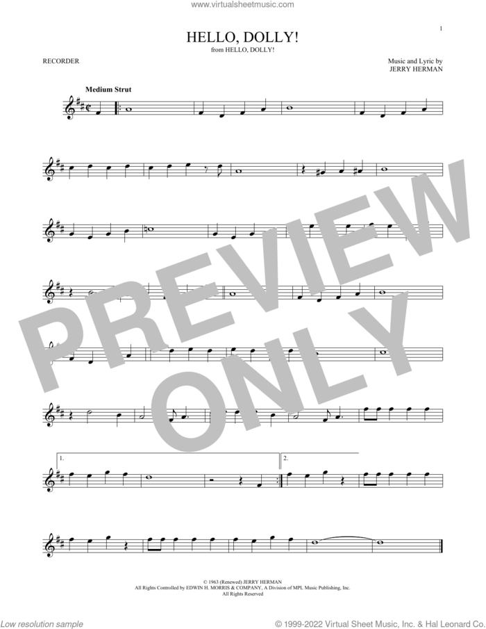 Hello, Dolly! sheet music for recorder solo by Jerry Herman and Louis Armstrong, intermediate skill level