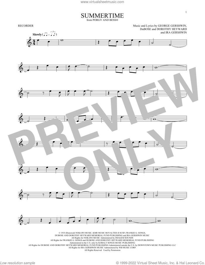 Summertime (from Porgy And Bess) sheet music for recorder solo by George Gershwin, Dorothy Heyward, DuBose Heyward and Ira Gershwin, intermediate skill level