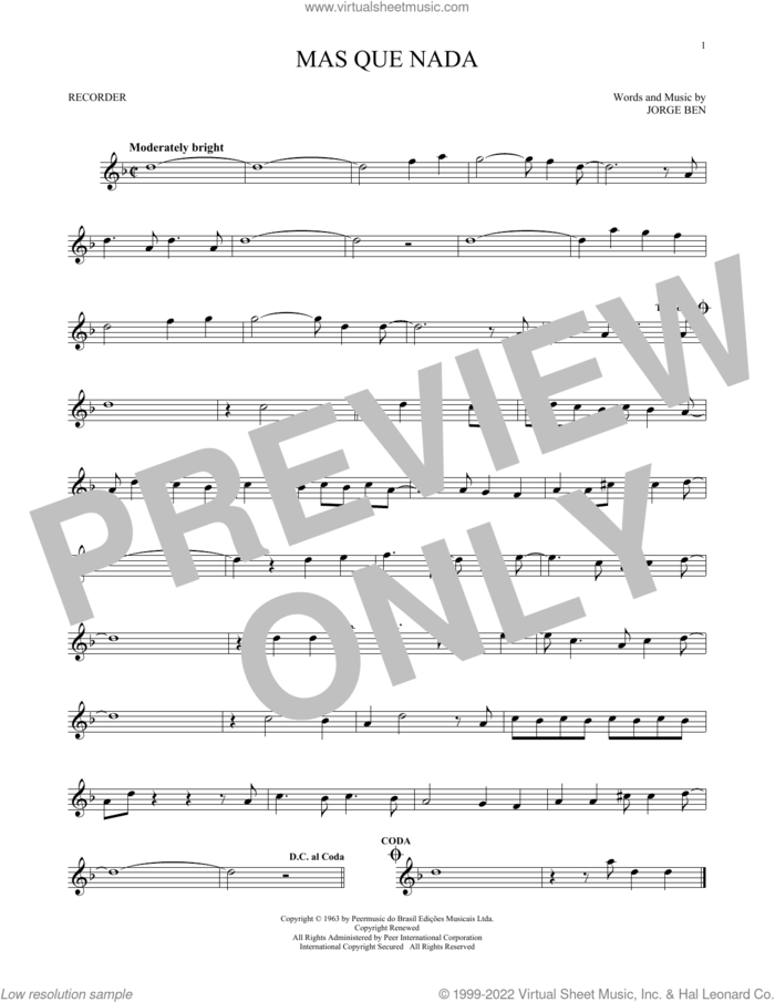Mas Que Nada sheet music for recorder solo by Jorge Ben and Sergio Mendes, intermediate skill level