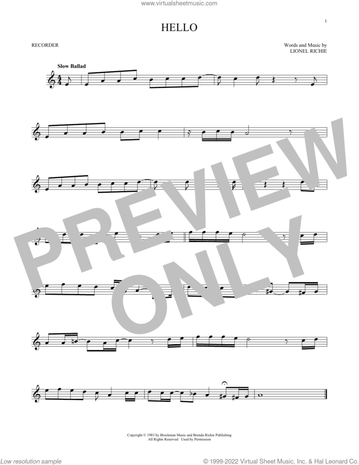 Hello sheet music for recorder solo by Lionel Richie, intermediate skill level