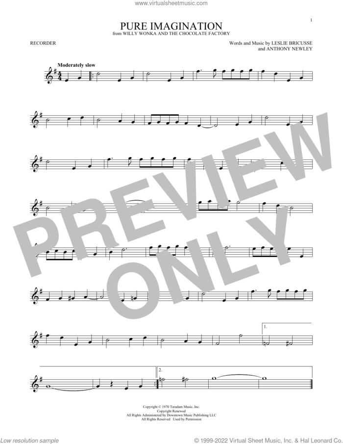 Pure Imagination (from Willy Wonka and The Chocolate Factory) sheet music for recorder solo by Gene Wilder, Anthony Newley and Leslie Bricusse, intermediate skill level