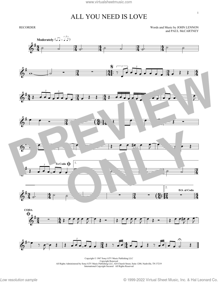 All You Need Is Love sheet music for recorder solo by The Beatles, John Lennon and Paul McCartney, wedding score, intermediate skill level