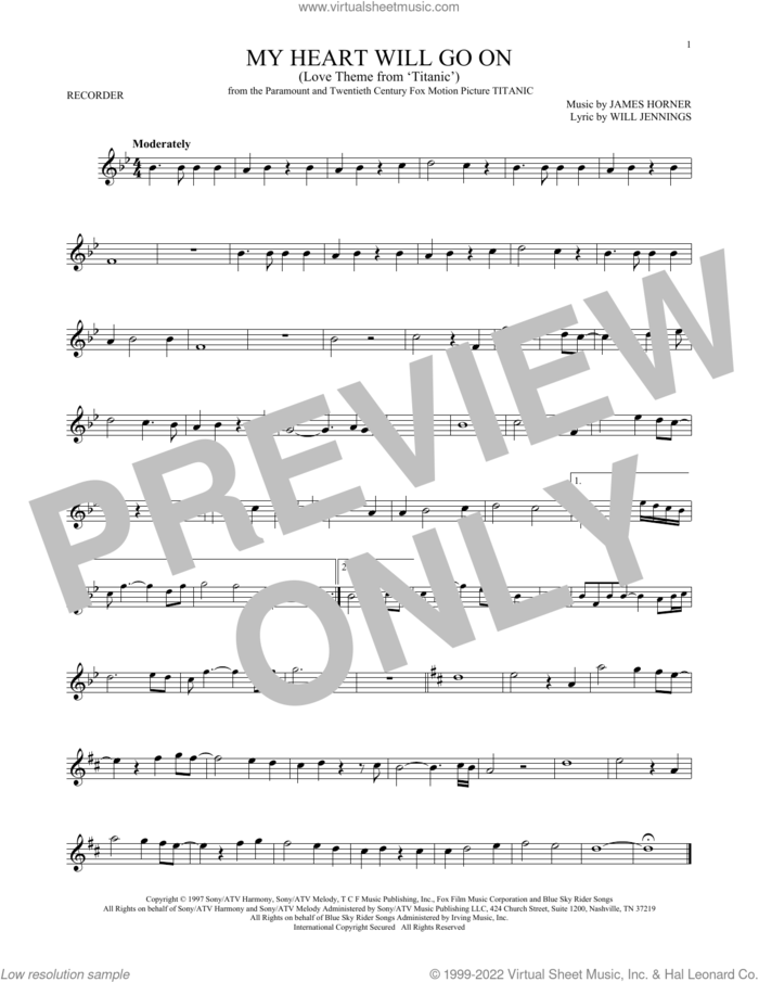 My Heart Will Go On (Love Theme from Titanic) sheet music for recorder solo by Celine Dion, James Horner and Will Jennings, intermediate skill level