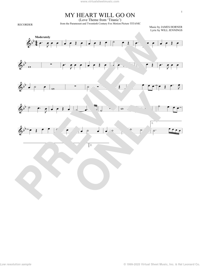 My Heart Will Go On (Love Theme from Titanic) sheet music for recorder solo by Celine Dion, James Horner and Will Jennings, intermediate skill level