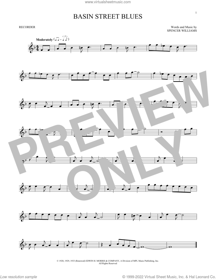 Basin Street Blues sheet music for recorder solo by Spencer Williams, intermediate skill level