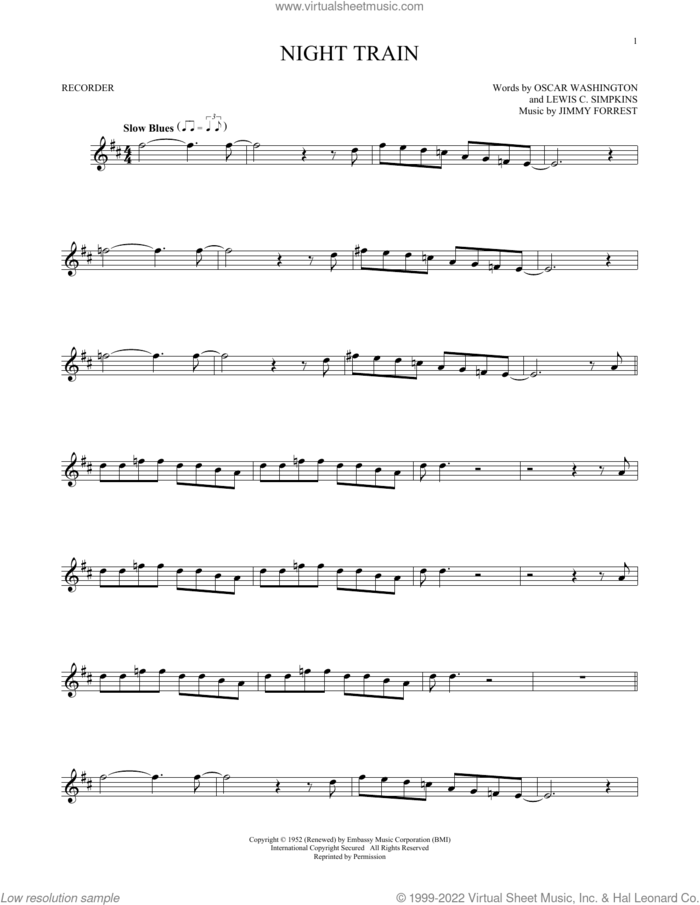 Night Train sheet music for recorder solo by Jimmy Forrest, Lewis C. Simpkins and Oscar Washington, intermediate skill level