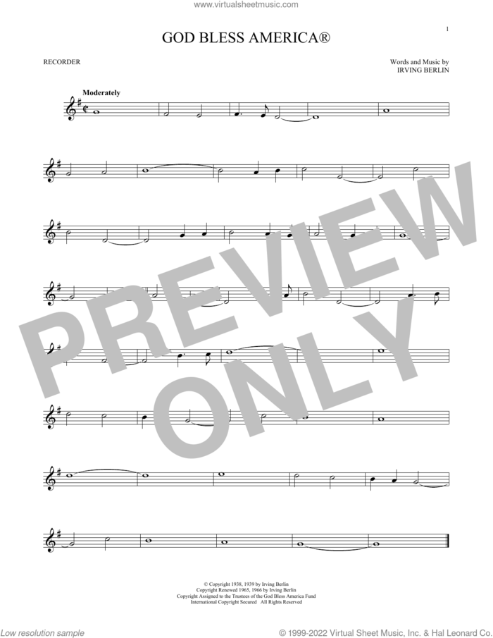 God Bless America A� sheet music for recorder solo by Irving Berlin, intermediate skill level