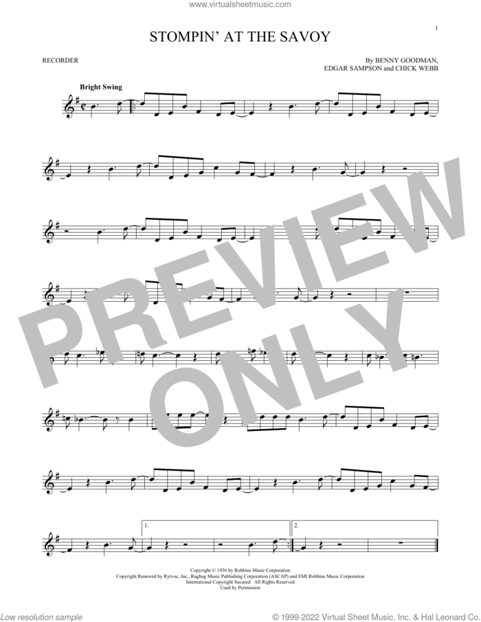 Stompin' At The Savoy sheet music for recorder solo by Benny Goodman, Andy Razaf, Chick Webb and Edgar Sampson, intermediate skill level