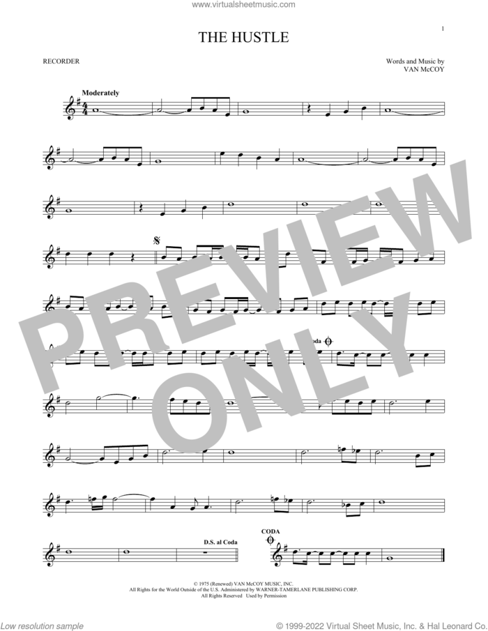 The Hustle sheet music for recorder solo by Van McCoy, intermediate skill level