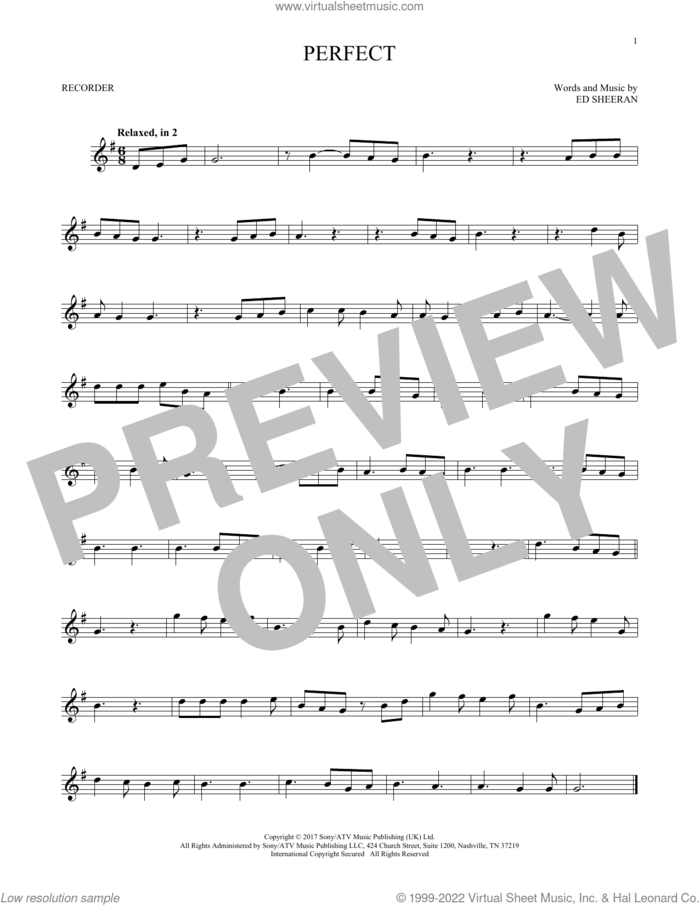 Perfect sheet music for recorder solo by Ed Sheeran, intermediate skill level